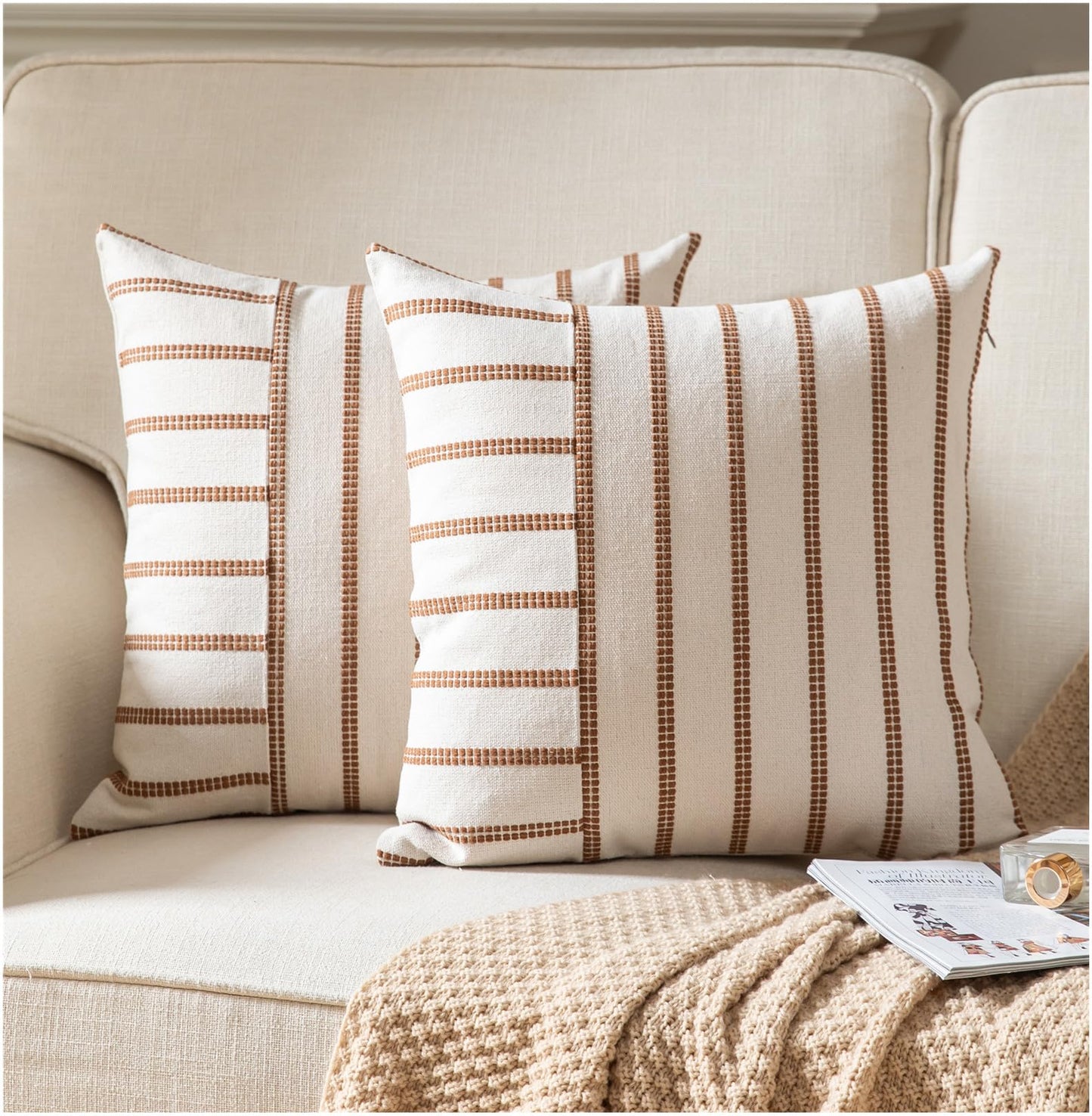 Boho Throw Pillow Covers 18x18 Set of 2 Soft Farmhouse Decorative Couch Pillow Cases Brown Striped Pillow Covers Neutral Cushion Covers for Sofa Bed Living Room Home Decor