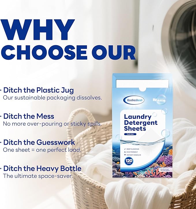 Laundry Detergent Sheets – 60 Sheets (120 Loads) | Linen Scent | Enzyme-Infused, Quick Dissolve | No Residue, Lightweight, Eco-Friendly Laundry Sheet | Travel Size, Plastic-Free Packaging