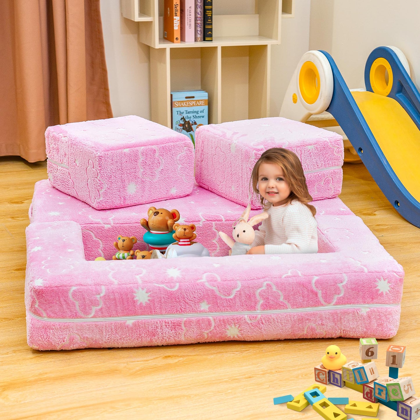 furlinkhm Toddler Couch, Glow in The Dark Kids Play Couch Toddler Fold Out Couch, Kids Fold Out Couch for playroom, Convertible Baby Fold Out Play Foam and Floor Cushion for Bedroom, Pink+Clouds
