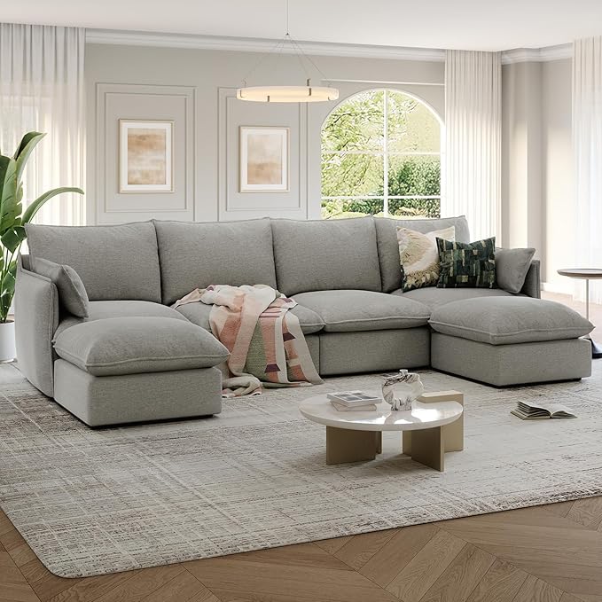 Lopzeho 124" Cloud Modular Sectional Sofa, Waterproof Down Filled Sectional Couch, High Backrest U Shaped 4 Seater Couch with 2 Ottomans, Modern Modular Sofas with Removable Cover, Light Gray