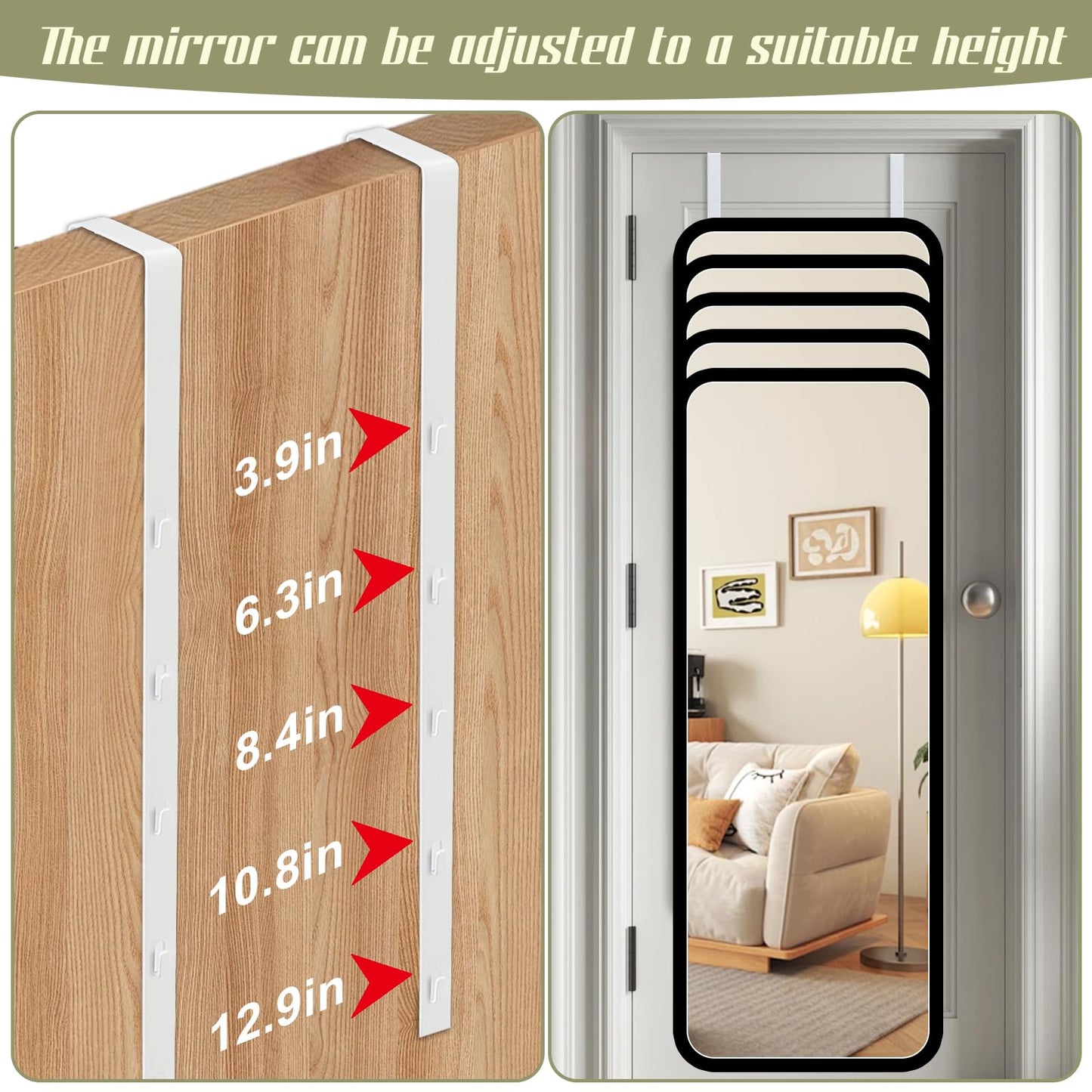 Dexspoeny Over-The-Door Mirror Hanger, Adjustable 13.6 in Door Mirrors Hanger with Protective Lining, Prevent Scratches, 2 Pcs Mirrors Brackets Perfect Height and Fit (Mirror Not Included) - White