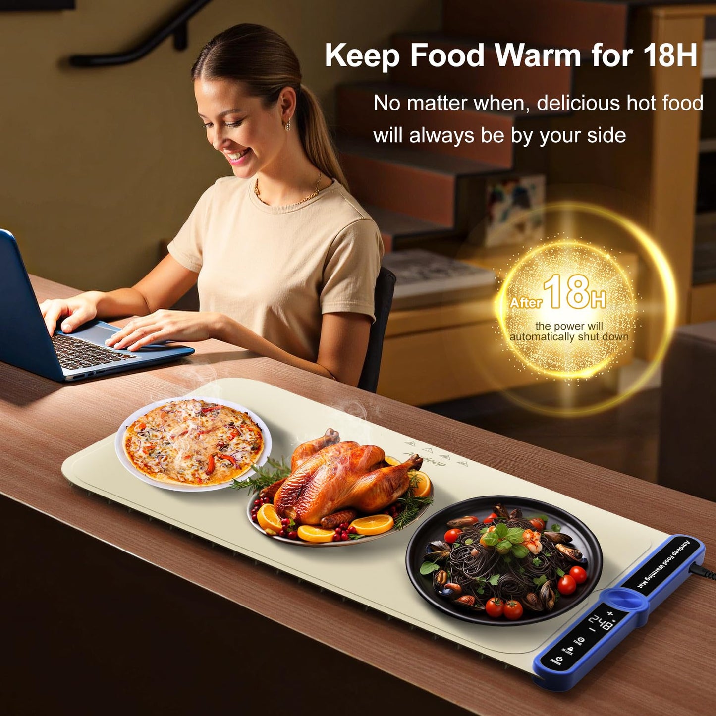 Warming Mat for Food Extra Large (XXL:40”X15”) Food Warming Mat for Countertop Parties Buffet 650W 8S Fast Even Heating 9-Level Temp Food Warmer Portable Silicone