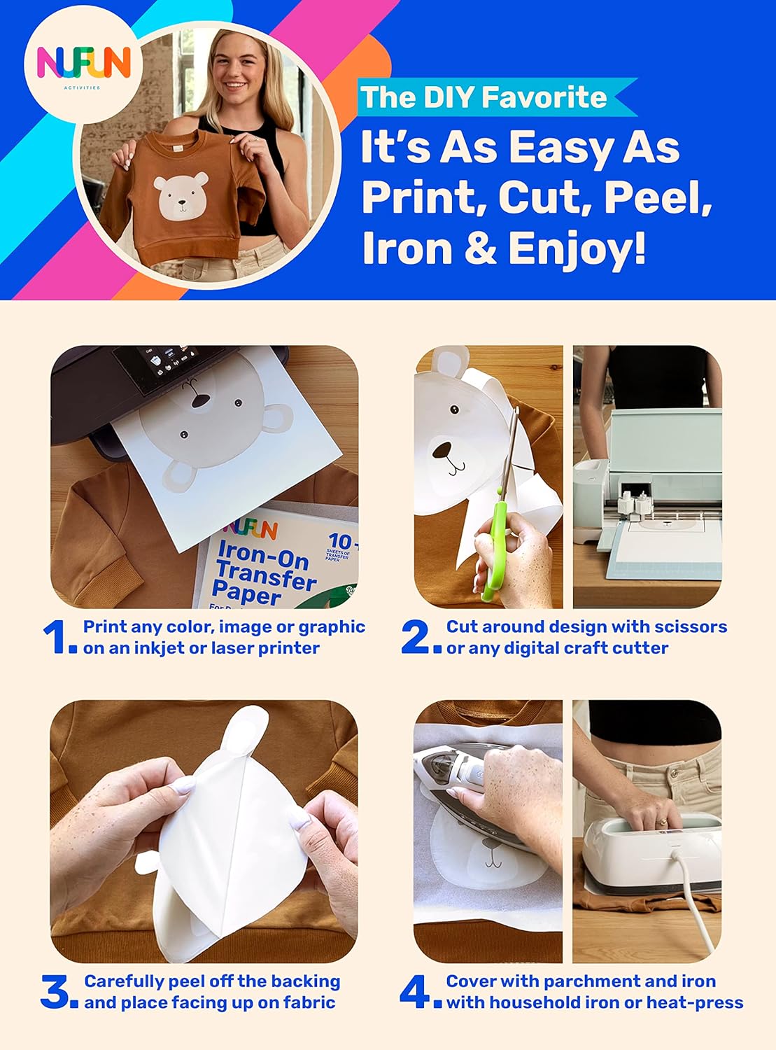 NuFun Activities Printable Iron-on Heat Transfer Paper for T Shirts, Dark Fabrics, 50 Sheets 8.5 x 11 inch, Long Lasting, Durable, Professional Quality, Easy DIY, Non-Toxic, Made in The USA