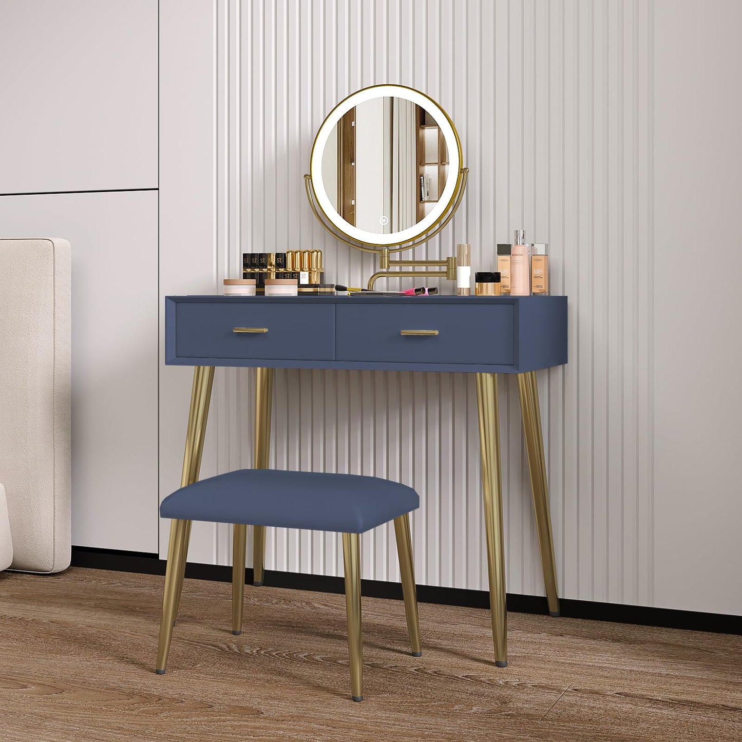 HIMAmonkey Vanity Desk Set with 360° Rotating Mirror and Lights, Small Makeup Vanity with Microfiber Leather, Vanity Table with 2 Drawers, Stool, 3 Lighting Modes - 31.5in Blue