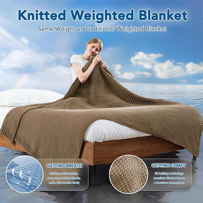 Topcee Knitted Weighted Blanket - 60"x80" 20lbs Queen Size Cooling Chunky Knit Heavy Blanket for Adults Cable Yarn Knit Decorative No Beads Soft Cozy and Cooling Weighted Throw Machine Washable