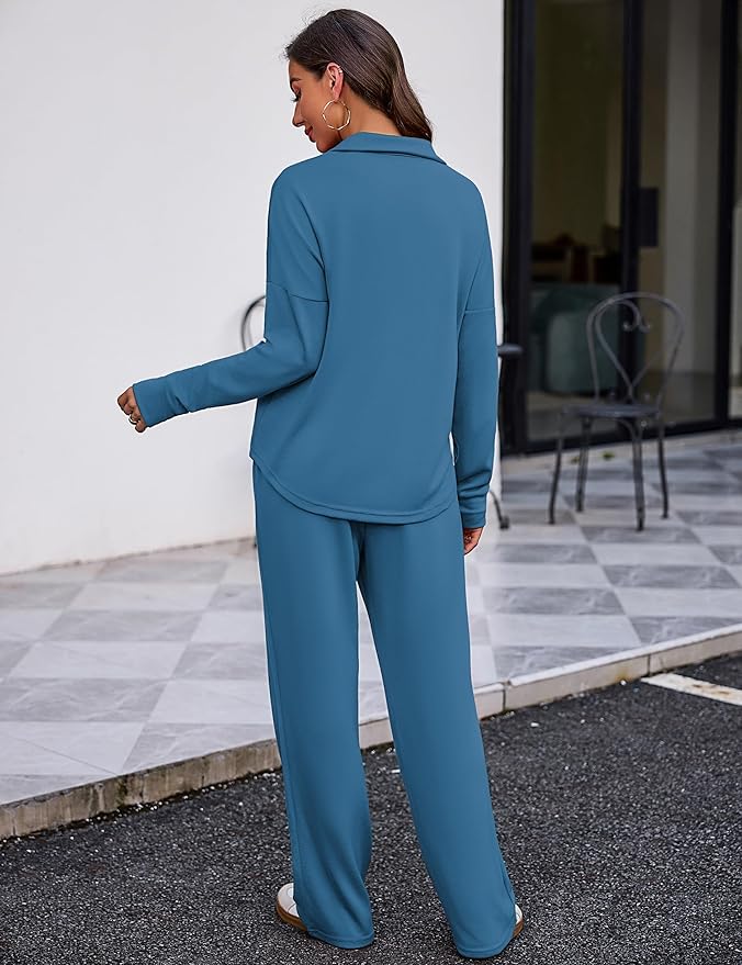 Totatuit Womens Sweatsuits 2 piece Set Lapel Half Zip Lightweight Sweatshirts and Wide Leg Pants Tracksuit Lounge Sets