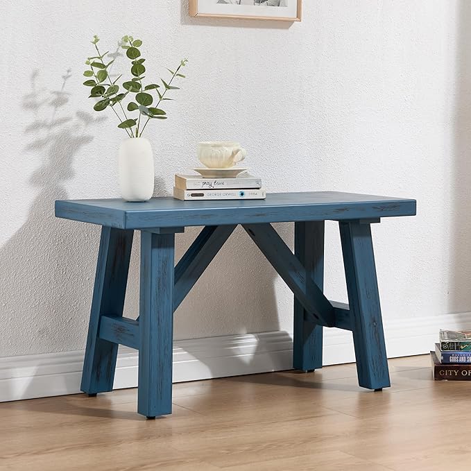 Janoray 30" Entryway Bench Farmhouse Narrow Dining Bench Shoe Rack Small Wooden Benches Holds up to 300lbs for Hallway Living Room Dining Room Bedroom，1 Tier, Blue