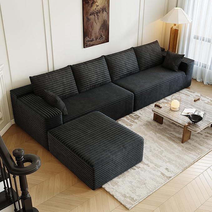 139.4" Modular Sectional Sofa, L-Shaped Minimalist Couches with Ottoman Chaise, Modern Deep Seat Convertible Sleeper Sofa,Cloud Plush Corduroy Fabric, No Assembly Required, 5 Seater, Black