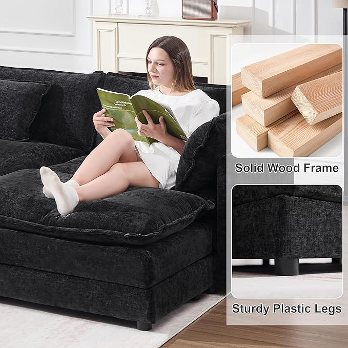 KIVENJAJA 111.5”W Chenille L-Shaped Modular Sectional Sofa, Modern 3-Seater Comfy Deep Seat Cloud Couch with Ottoman/Chaise & 5 Pillows for Living Room Office Apartment, Black