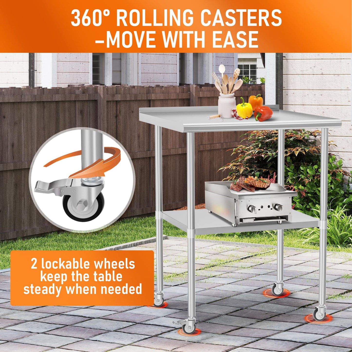 HOCCOT Stainless Steel Prep Table 30" X 30" with Adjustable Undershelf, Backsplash and Wheels, Commercial Metal Workstations for Kitchen, Garage, Outdoor BBQ