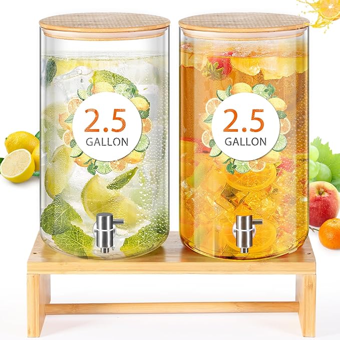 Honeydak 2 Pcs 2.5 Gallon Glass Drink Dispenser with Stand Glass Water Beverage Dispenser with Bamboo Lid and Stainless St...