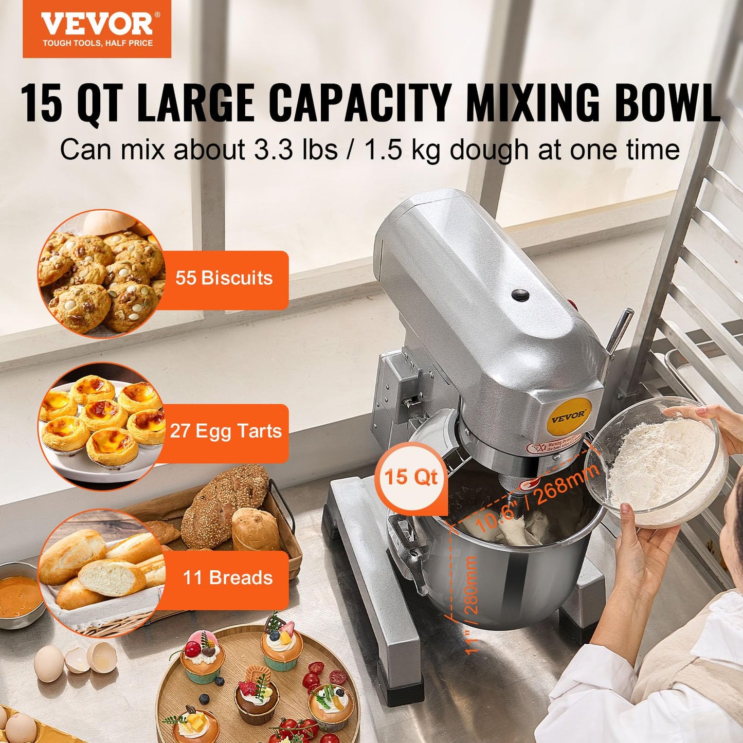Vevor Commercial Food Mixer, 15Qt Capacity With Timer, 500W Stainless Bowl Durable Electric Mixer For Commercial Use, 3 Speed Op