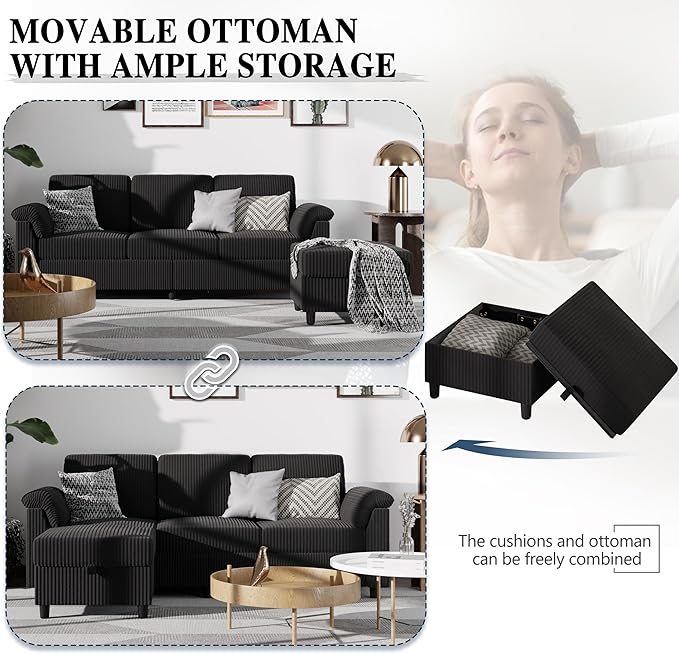 Meilocar Sectional Sofa Couch for Living Room, 79" Sectional Couches with Ottoman, L Shaped Couch with Armrests Side Storage Pockage, 3-Seat Sofa Couches for Apartment, Black