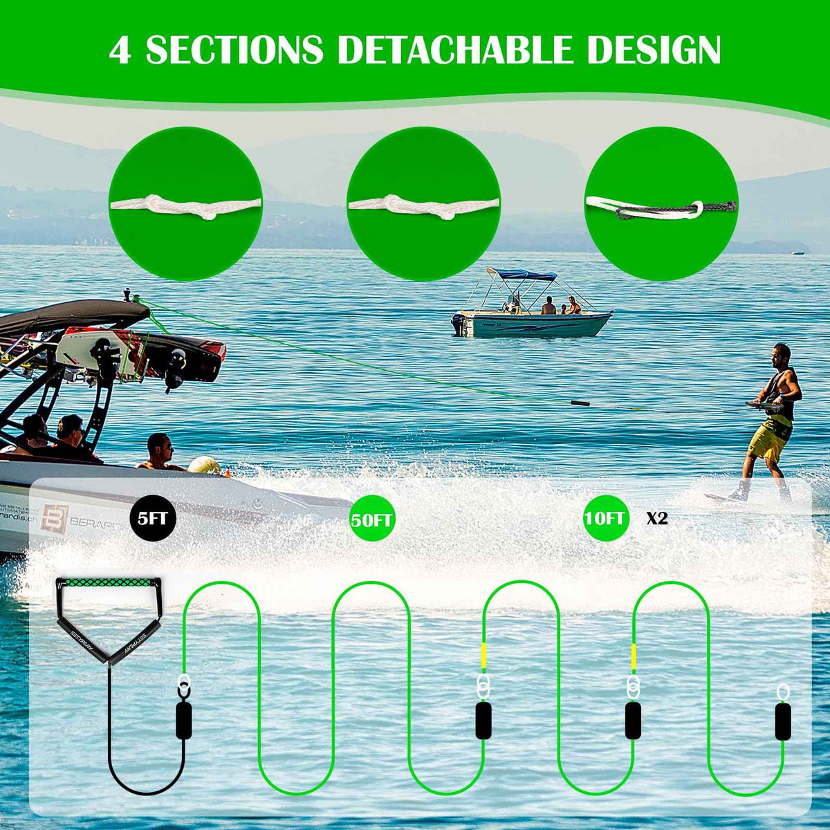 SETYPARY 75FT No Stretch Dyneema Wakeboard Rope and Handle, 4 Sections Floating Wakeboard Tow Rope Water Ski Ropes for Wakeboarding, Waterskiing, Kneeboarding and Wakesurfing (Green)