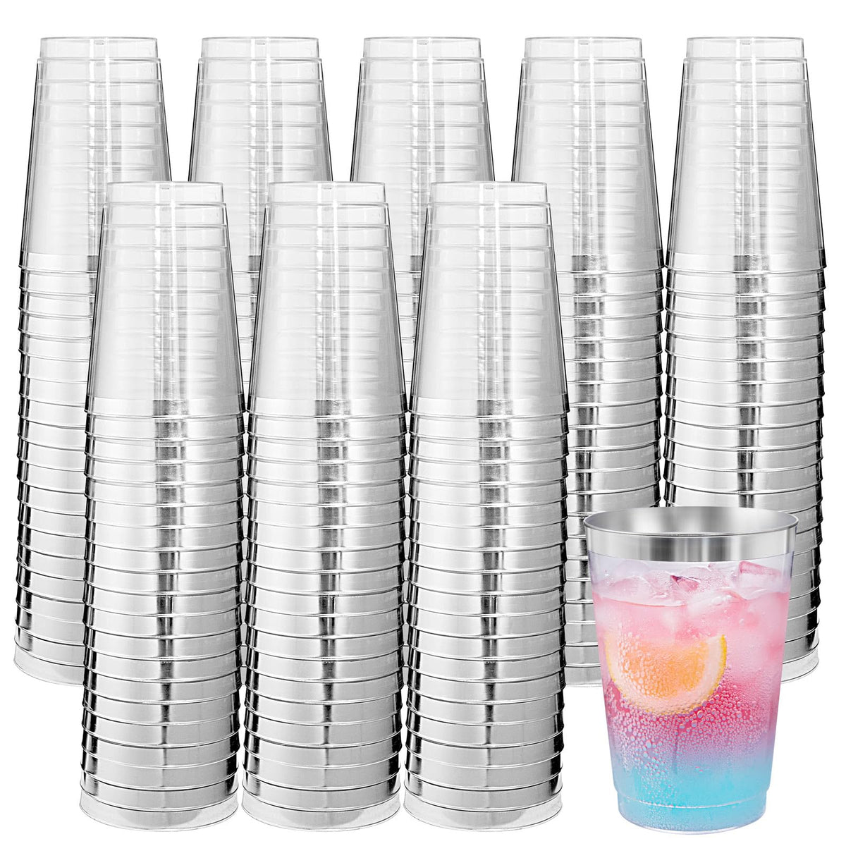 supernal 200pcs Silver Plastic Cups,12oz Clear Plastic Cups Tumblers,Silver Rimmed Cup,Elegant Party Cup,Premium Disposable Cup,Clear Party Cup,Wine Glasses for Party