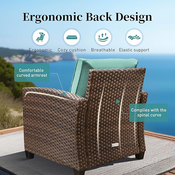 SUNSHINE VALLEY Patio Furniture Set Outdoor Furniture Brown Wicker Rattan Patio Conversation Sets with Cushion Outside Sofa Set,5 Pieces 7 Seats,Blue