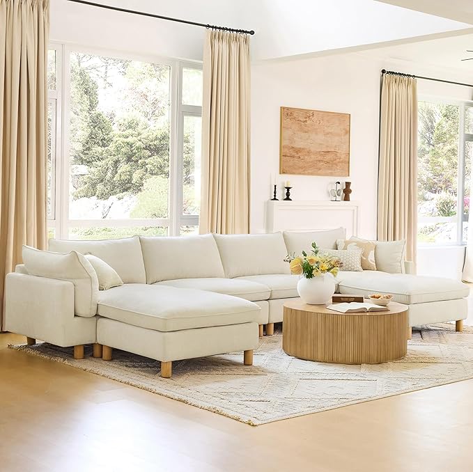 CHITA 161" Super Large Sectional Couches for Living Room, Modular Cloud Couch Sectional Sofa, Premium Fabric Couches, Down Filled, High Density Foam, Chenille in Cream, 6 Seat U Shaped