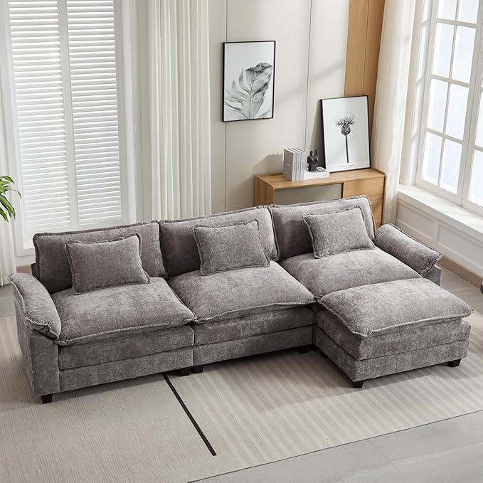Oprisen 120" Modular Sectional Sofa, Comfy Cloud Couch Sectional Sofa with Ottoman, Chenille Sofa Sleeper Deep Seat Sofa with Throw Pillows for Living Room (Light Gray, 120"- L Shape)