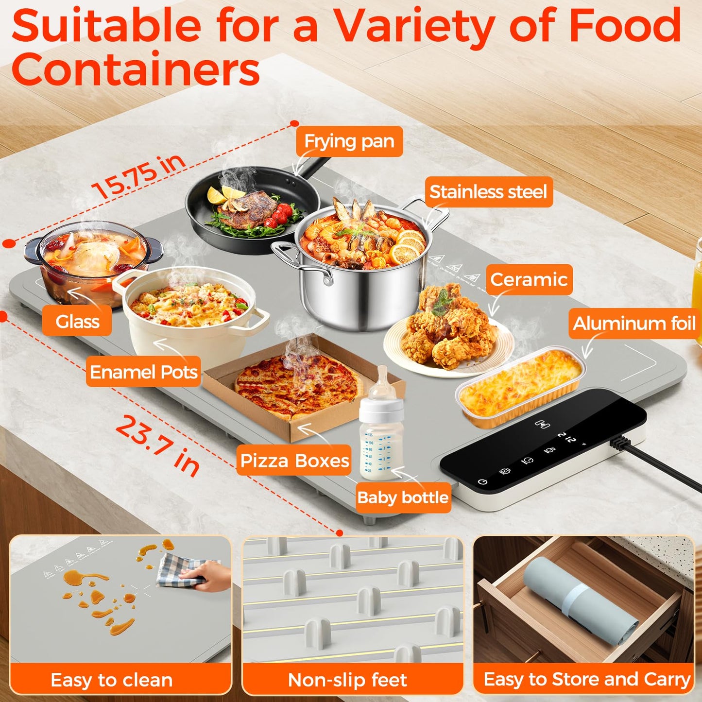 Warming Mat for Food | Dishwasher Friendly,Full-Surface Food Warmer with 6-Mode Adjustable and Timer,Roll-Up & Portable Silicone Food Heating Pad with Child Lock,Electric Warming Tray for Buffet Party