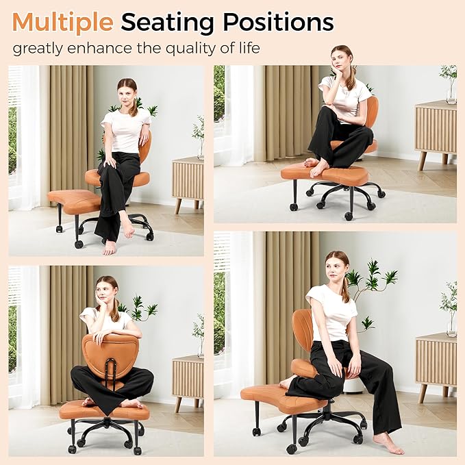 Cross Legged Office Chair, Ergonomic Criss Cross Chair with Wheels, 360° Swivel Height-Adjustable Meditation Chair for Yoga & ADHD, Wide Kneeling Chair with Strong Lumbar Support (Brown) BPY01Z