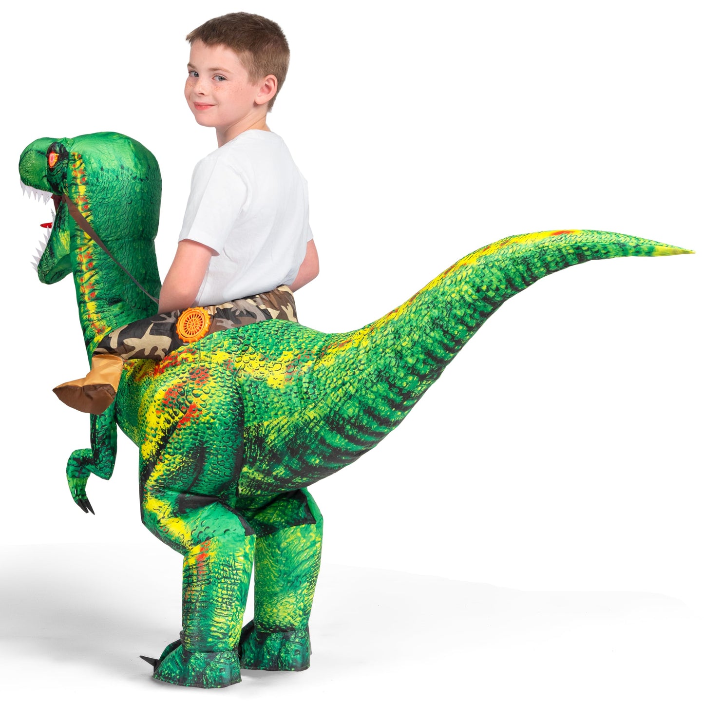 Spooktacular Creations Kids Halloween Inflatable Costume, LED Light Eyes Dinosaur, Ride on Blow Up Dragon Costume, Digital Printing T-Rex for Halloween Dress Up Party, M