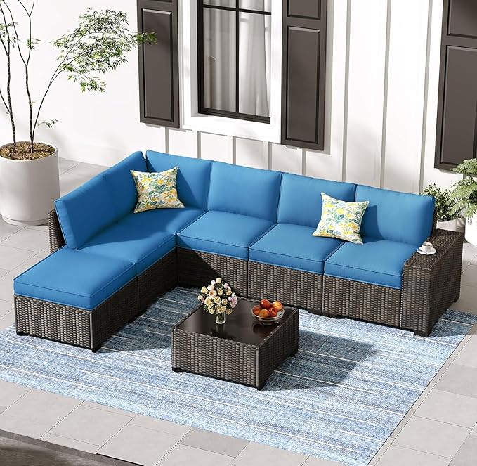 SunloungeCo 7 Pieces Outdoor Patio Furniture Set, Wicker Conversation Sets with Tea Table, Rattan Patio Sofa with Thick Cushions for Garden, Backyard Porch, Poolside,Peacock