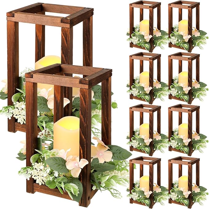 Hushee 30 Pcs Wooden Wedding Lantern Centerpiece Integrated Holders with Candles and Wreaths Rustic Wooden Candle Lantern ...