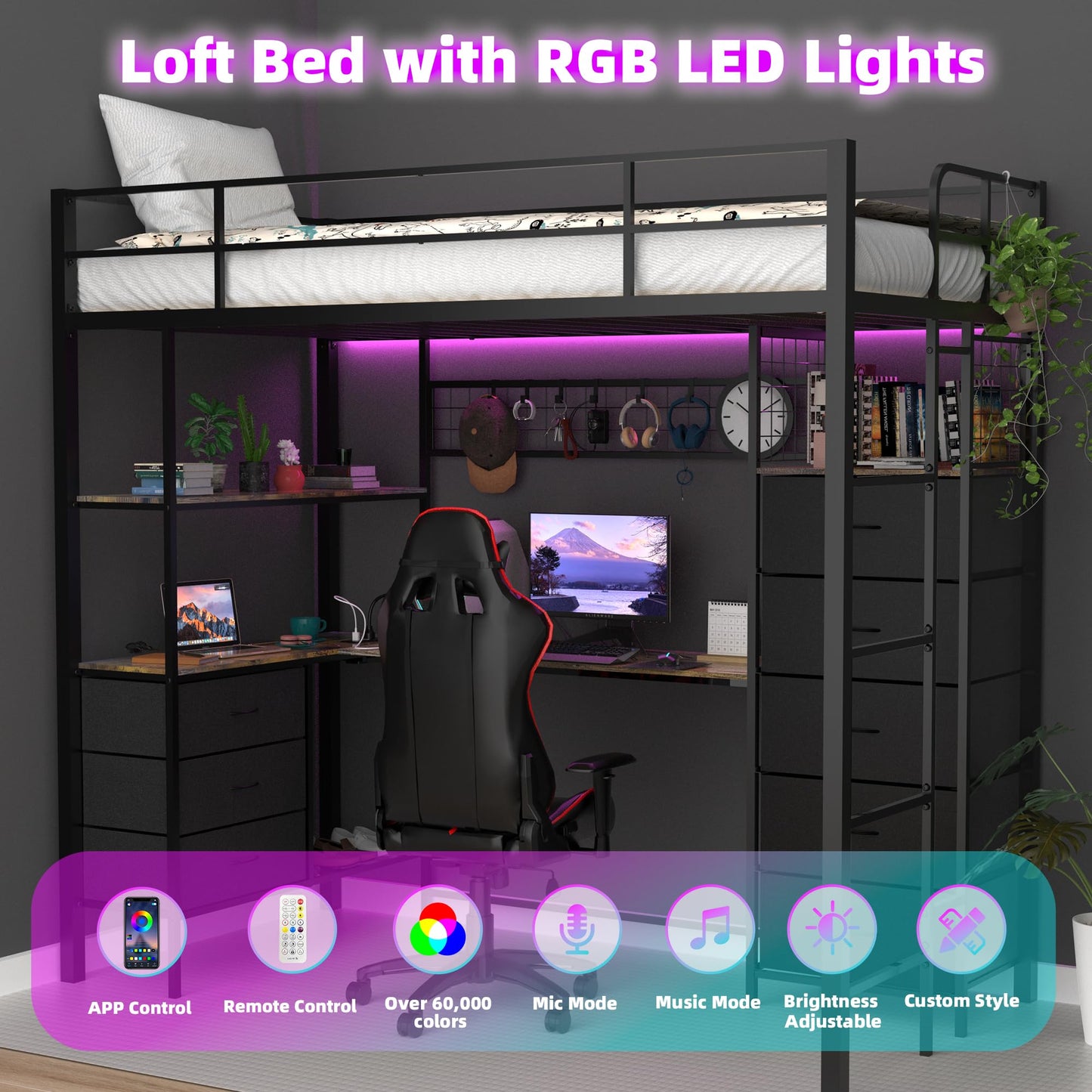 SAHISTCT Twin Size Loft Bed with Desk, LED Lights, Charging Station, Industrial Loft Bed Frame with 3 Storage Shelves and 8 Fabric Drawers, Safety Guard & Ladder,LED Metal Twin Size Bunk Bed