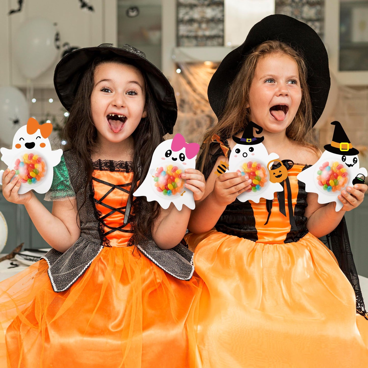 TICIAGA 48set Halloween Ghost Candy Holder Craft Kits for Kids DIY Halloween Ghost Candy Card Gifts Trick or Treat Gifts Happy Halloween Gifts with Round Adhesive Shaker Pouches for School Classroom