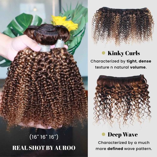 AUROO #P4/27 Highlight Kinky Curly Bundles Human Hair 10 12 14 In, Honey Blonde Highlight Brazilian Tight Curly Bundles Thick Track 12A 100% Virgin Ombre Brown Colored Human Hair 3 Bundles Remy Sew In