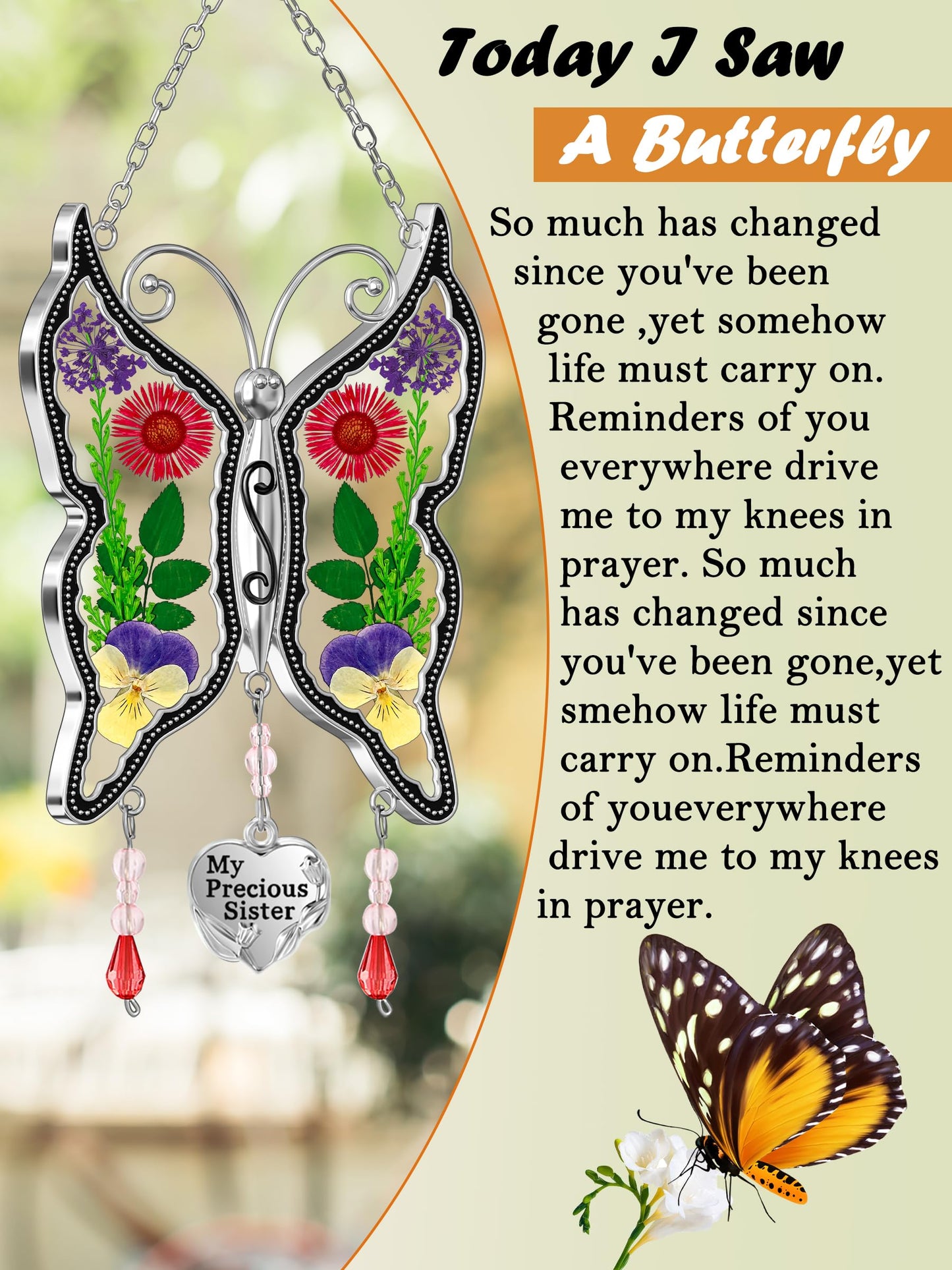 KY&BOSAM Gifts for Sister Suncatcher Butterfly My Precious Sister Stained Glass Catchers for Window Hanging Wind Chime Real Flower Wings and Heart Charm Gift for Sister Mother`s Day Birthday Christmas
