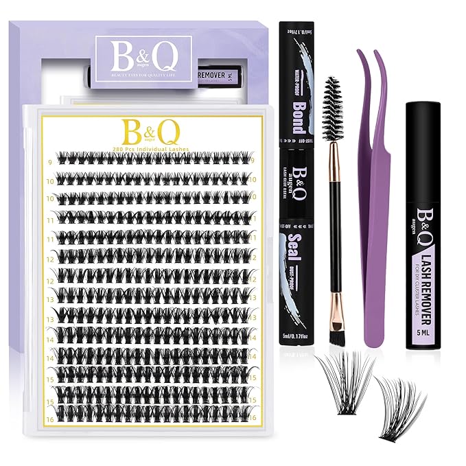 B&Q Lash Clusters Kit 280PCS Eyelash Clusters Kit,50D C 9-16MIX Individual Lash Comfortable Eyelash Extension Set, Classic Look with Bond and Seal Waterproof, Remover DIY at Home(Set,50D-C)