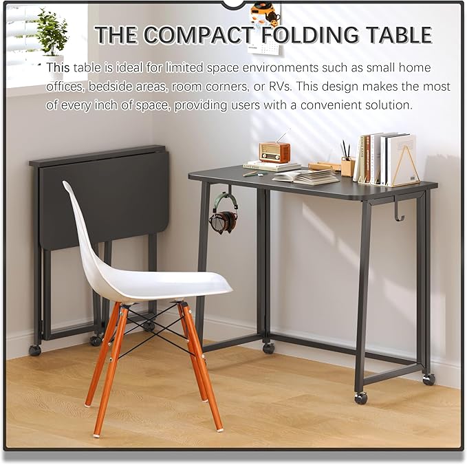 4NM 31.5" Mobile Small Folding Desk, Foldable Rolling Computer Home Office Desk, Study Writing Table for Small Space Saving Bedroom, with Wheels - All Black
