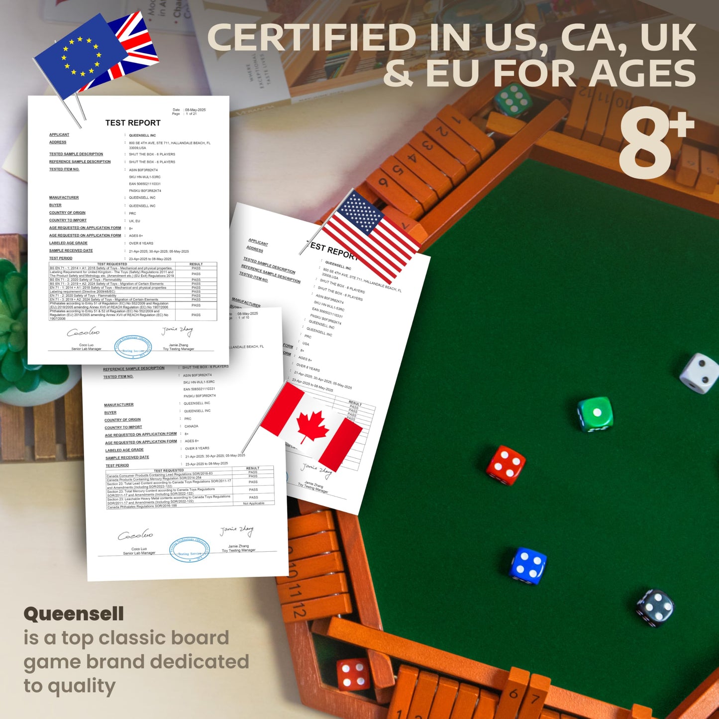 Queensell Shut The Box Game 12 Numbers for 1-6 Players - 16-inch Wooden Board Shut The Box Game 12 Numbers for Adults & Kids - Ideal for Games Night