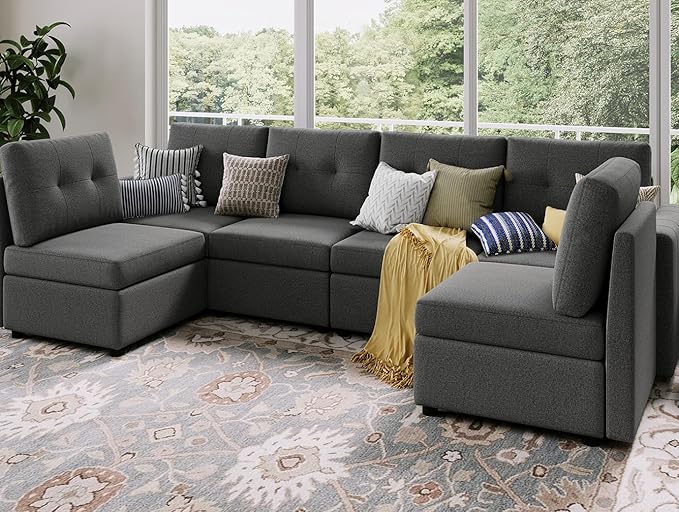 LINSY HOME Modular Sectional Sofa Oversized, Removable Cover Living Room Couches with Storage Deep Seat & Ottoman Chaise L/U Shaped Sofa Modern Couch (Dark Grey, 6 Seats)