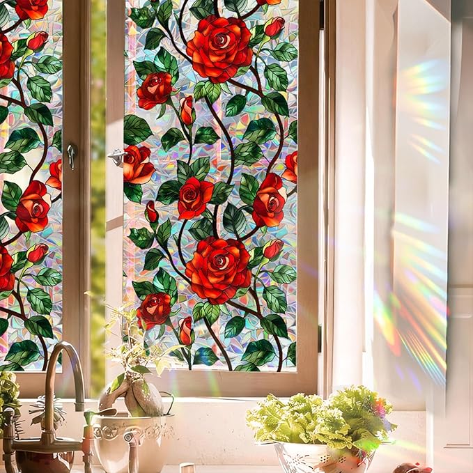 Stained Glass Window Film UV Resistant Window Privacy Film Rose Floral Privacy Rainbow Decals Living Room Bedroom Sun Blocking Decor Removable Static Cling Stickers 17 x 39.37 Inch