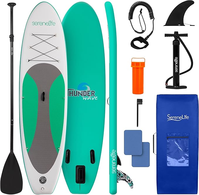SereneLife Stand Up Inflatable Paddle Board with Premium SUP Accessories – Wide Stable Design with Non-Slip EVA Deck Pad f...