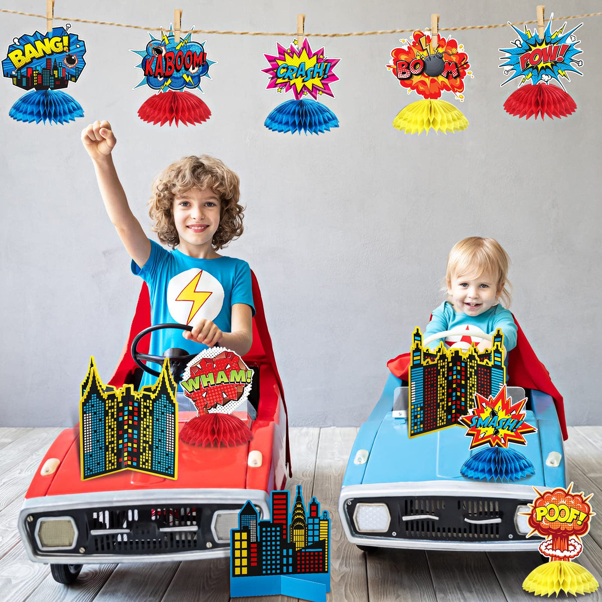 Funrous 11 Pieces Hero Party Decoration Hero Honeycomb Centerpieces 3D Table Topper Paper Large Word Centerpieces Fun Action Sign Standing Card for Birthday Baby Shower Decor Supplies(Classic)