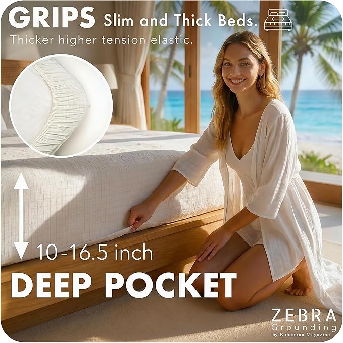 Zebra Grounding Sheets California King Size - 2X Stronger - GOTS Organic Cotton - Tester & Safety Resistor - 16.5 Deep Pocket - Grounding Fitted Sheet California King Sheets Cotton - Grounded Sheets