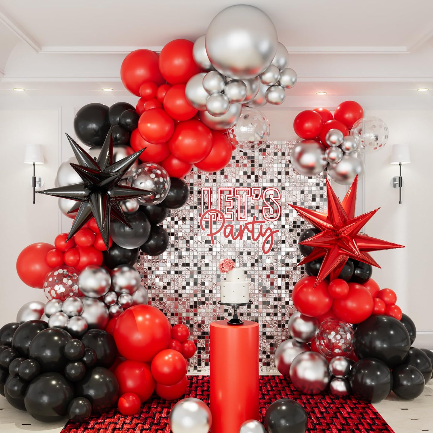 Red and Black Balloon Garland Arch Kit, 146pcs Red Black and Metallic Silver Balloons with Exploding Star Foil Balloons for Graduation Birthday Party Decorations