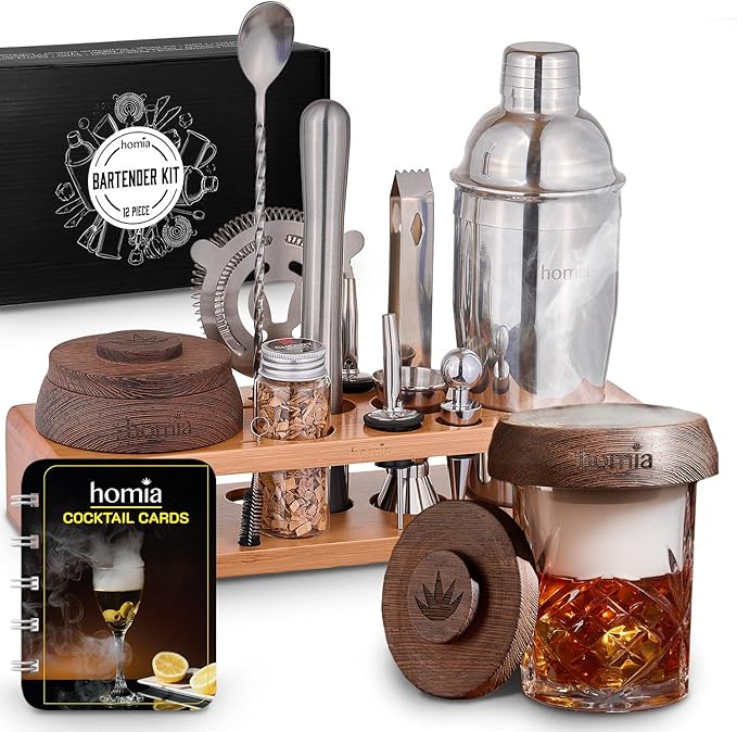 Bartender Kit with Whiskey Smoker - 13 pcs, Bamboo Stand - Bar Set with Cocktail Shaker, Bartending Kit with Essential Bar...