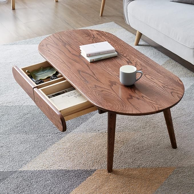 QKFF Solid Wood Coffee Table with Drawers - 100% North American FAS Grade Oak, Traditional Mortise and Tenon Craftsmanship, Low Table for Living Room & Home Office Eco-Friendly Finish