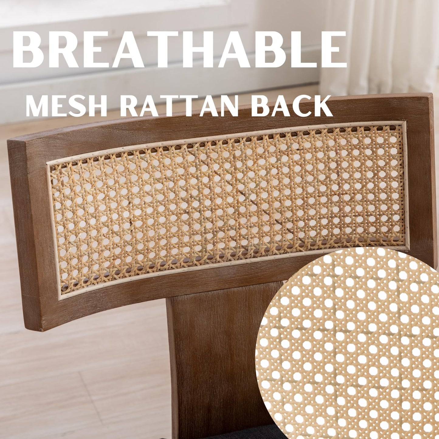 RIVOVA Rattan Dining Chairs Set of 4, Mid Century Modern Dining Chair Upholstered Linen Fabric Kitchen Side Chair, Modern Kitchen Armless Solid Wood Dining Chairs, Beige