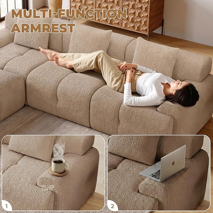 104" Modern L Shaped Modular Sectional Sofa, 4 Seater Convertible Chenille Cloud Couch Sofa Set, Boneless Couches for Living Room with Ottoman, No Assembly Required, Brown