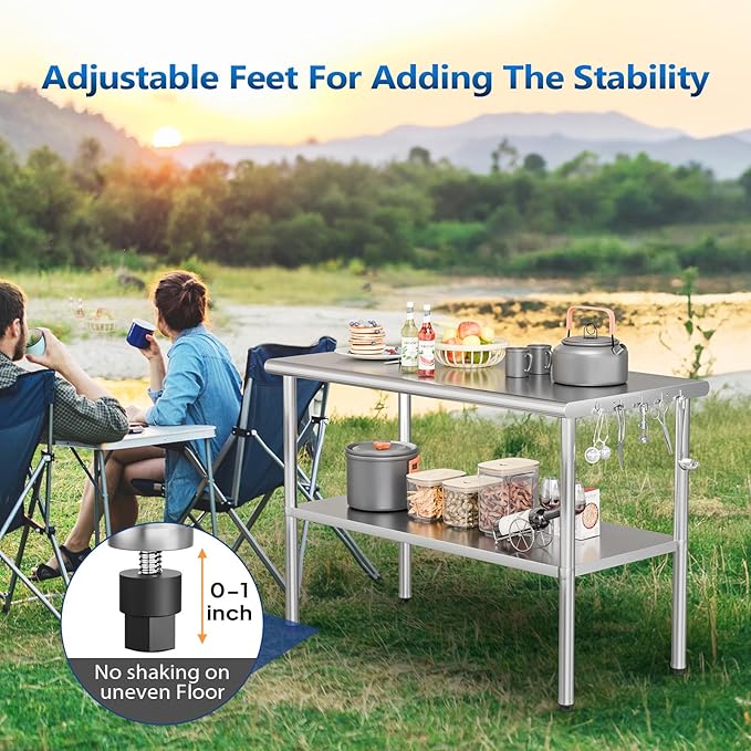 ROVSUN 48'' x 24'' Stainless Steel Table for Prep & Work,Commercial Worktables & Workstations, NSF Heavy Duty Metal Table with Adjustable UnderShelf for Kitchen, Restaurant, Home, Hotel, Outdoor