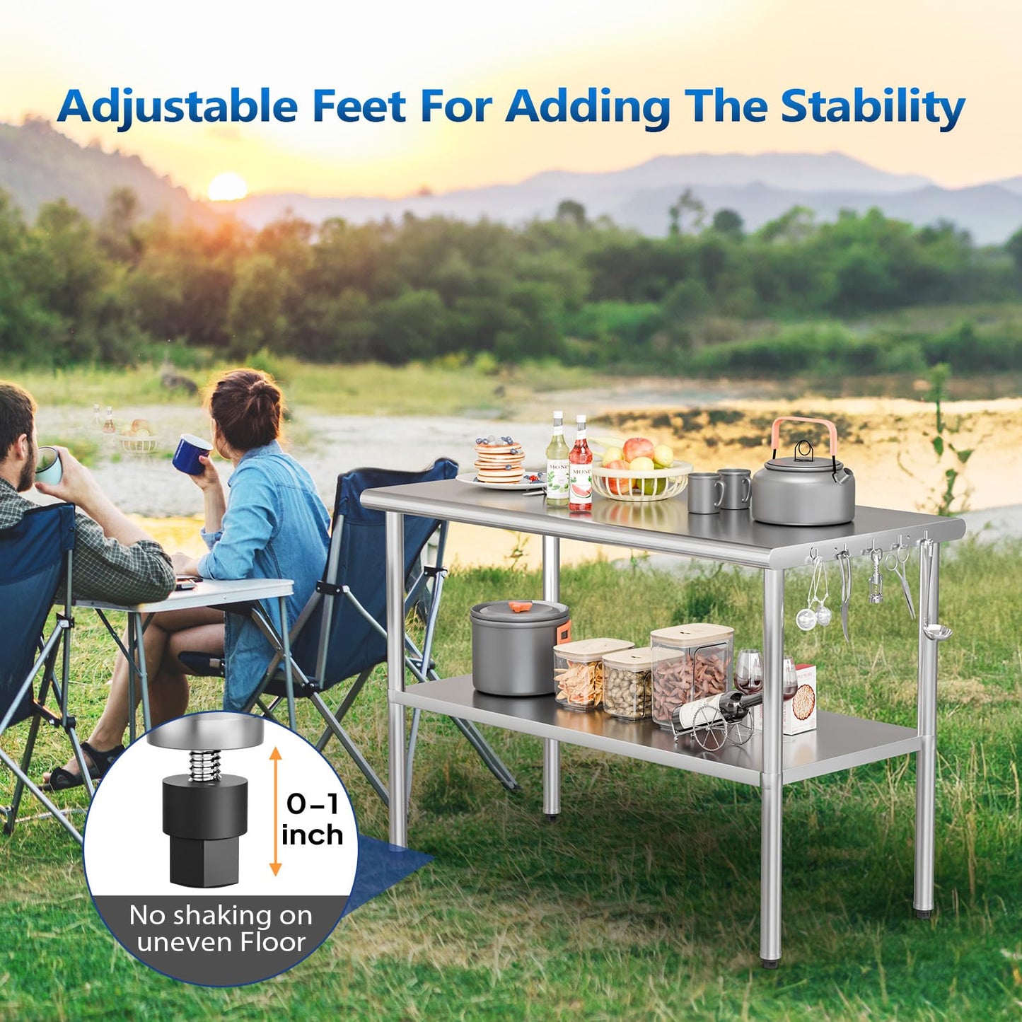 ROVSUN 48'' x 24'' Stainless Steel Table for Prep & Work,Commercial Worktables & Workstations, NSF Heavy Duty Metal Table with Adjustable UnderShelf for Kitchen, Restaurant, Home, Hotel, Outdoor