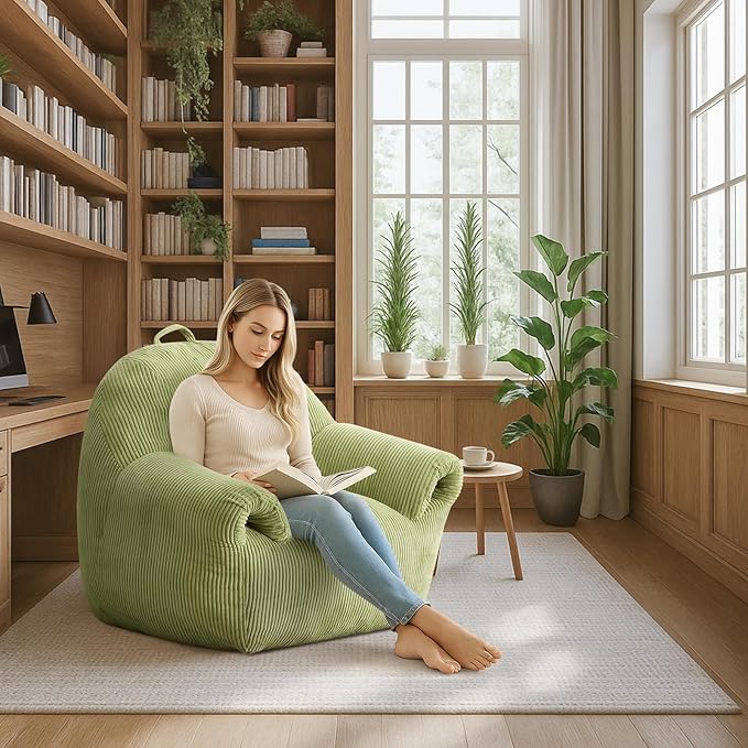 Peace nest Bean Bag Chair with Memory Foam Filled Ultra Soft Corduroy Cover for Adults Comfy Fur Bean Bag Chairs with Armrests for Bedroom Living Room Office Dorm Reading Green