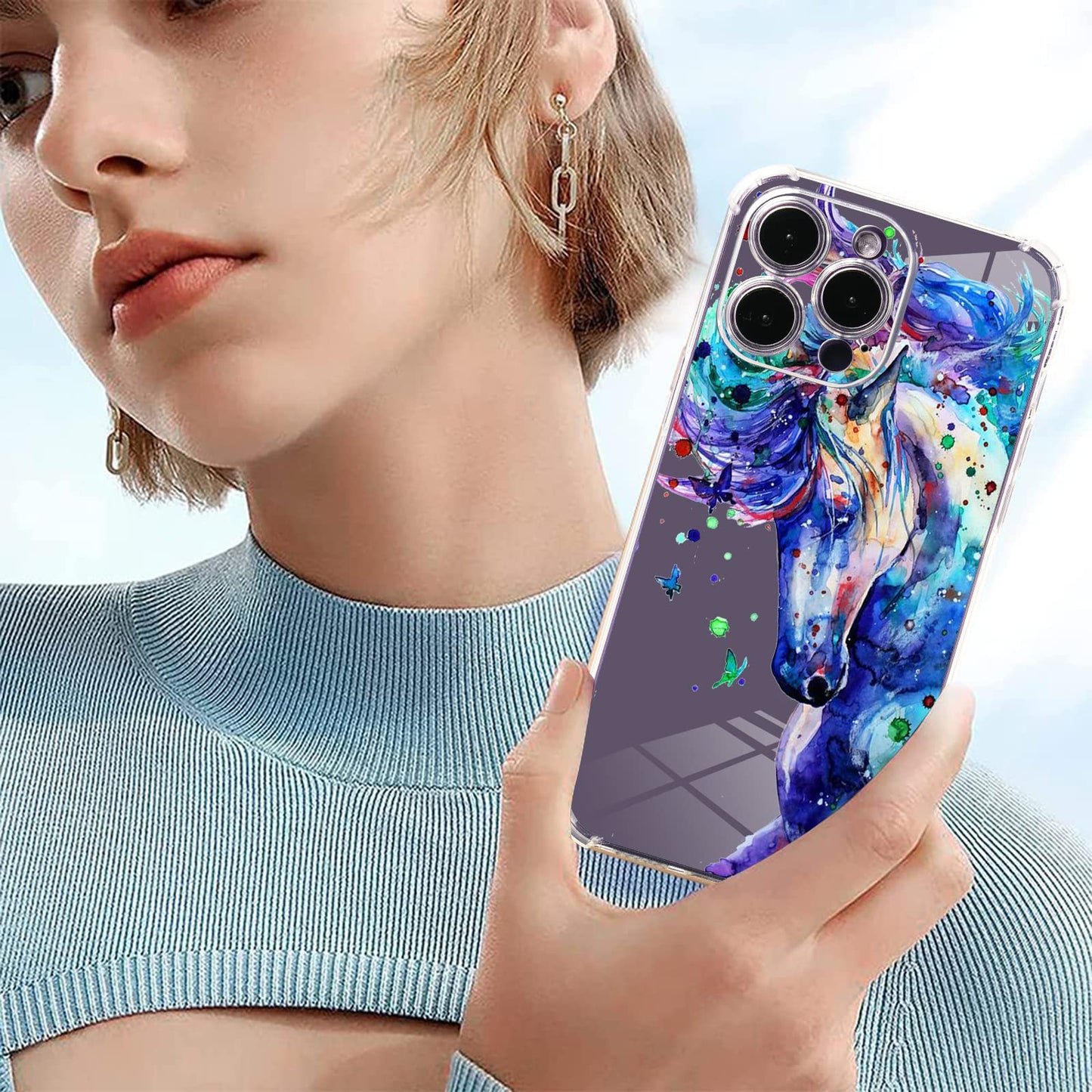Roemary Purple Case For Iphone 7/8/Se 2020 With Blue Horse Design,Watercolor Pattern With Screen Protector [Buffertech 6.6 Ft Dr