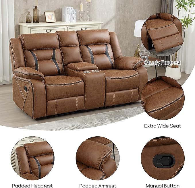 EBELLO Faux Leather Manual Loveseat Recliner, 2 Seat Reclining Sofa Chair with Center Console, Hidden Storage and Cup Holders, Daul Recliner for Living Room, Meeting Room, Brown (Loveseat)