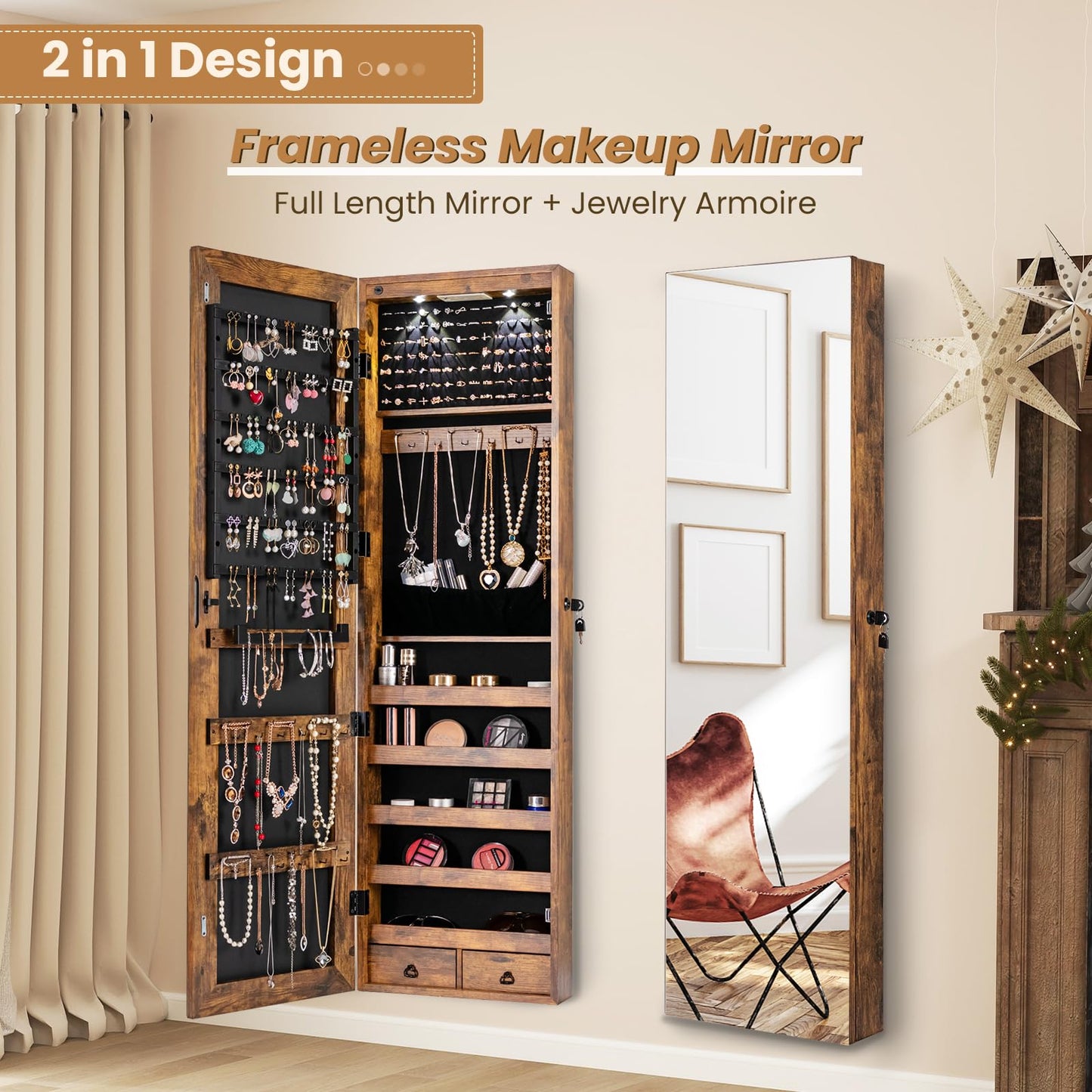 NAFORT 2 LEDs Full Length Mirror with Jewelry Armoire, Jewelry Organizers and Storage with 2 Mounting Options, 47.5”H Jewelry Cabinet with 2 Drawers, Make up & Lockable Jewelry Box, Rustic Brown